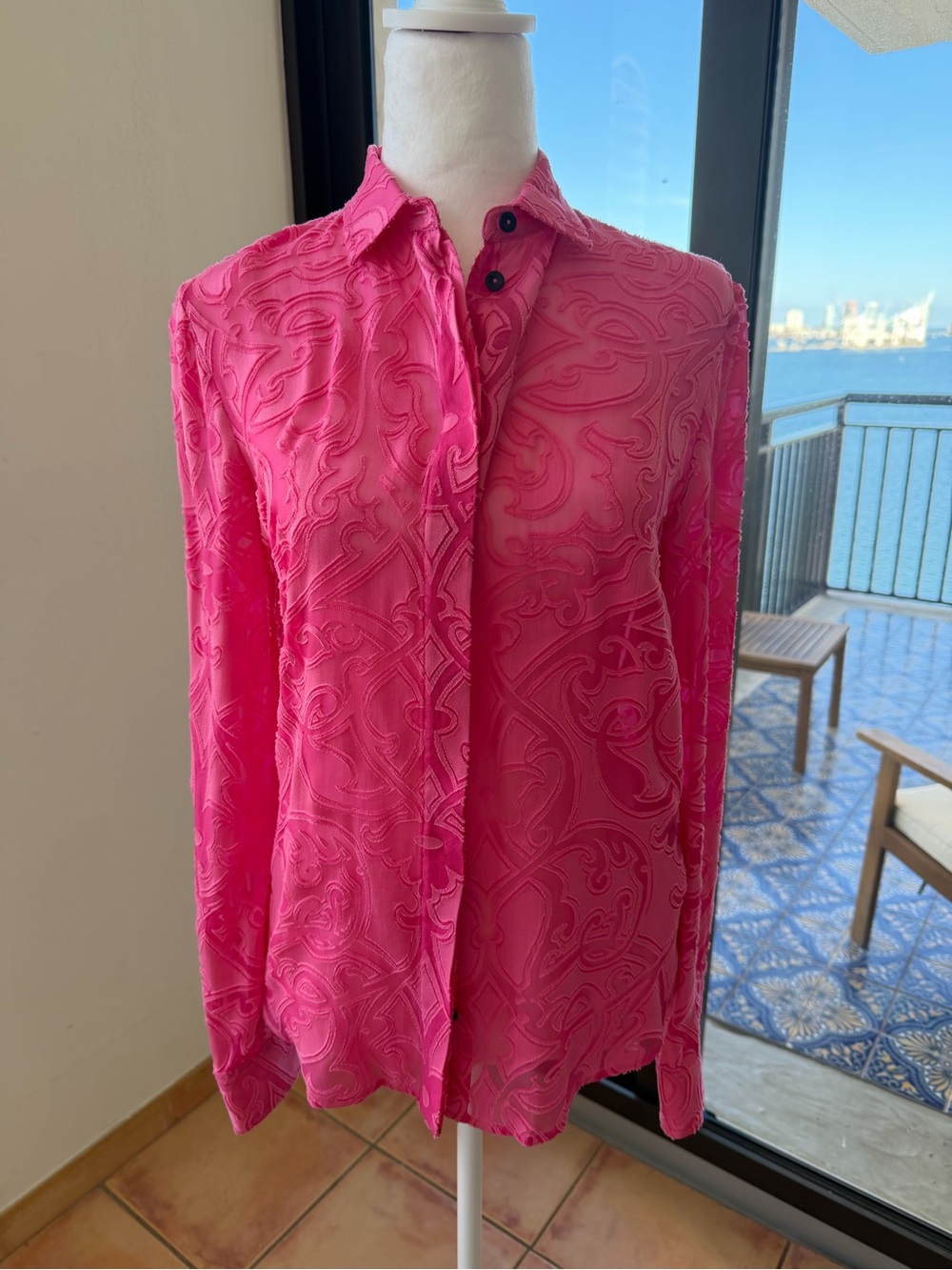 Just Cavalli Women's Hot Pink Sheer Textured Button-Down Shirt